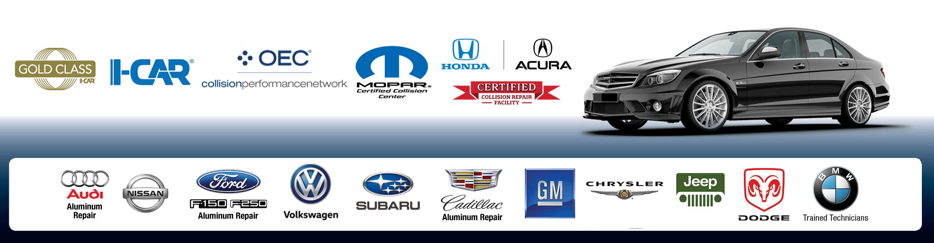 Ocean Autobody certifications and manufacturer approvals including I-CAR Gold Class, Honda, Acura, Mopar, Audi, Nissan, Ford, Volkswagen, Subaru, Cadillac, GM, Chrysler, Jeep, Dodge, and BMW, displayed alongside a luxury sedan.